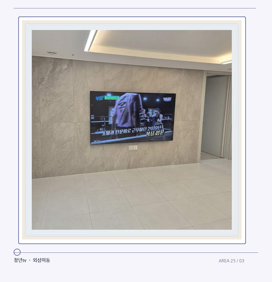 무늬가 있는 벽체 위 화면 배치 · 청년tv 벽걸이TV 공간 참고 사진 25-3