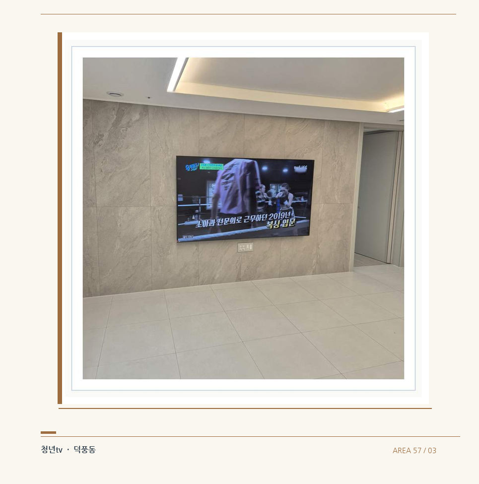 무늬가 있는 벽체 위 화면 배치 · 청년tv 벽걸이TV 공간 참고 사진 57-3