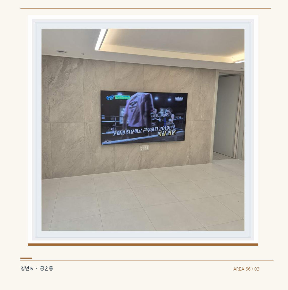 무늬가 있는 벽체 위 화면 배치 · 청년tv 벽걸이TV 공간 참고 사진 66-3